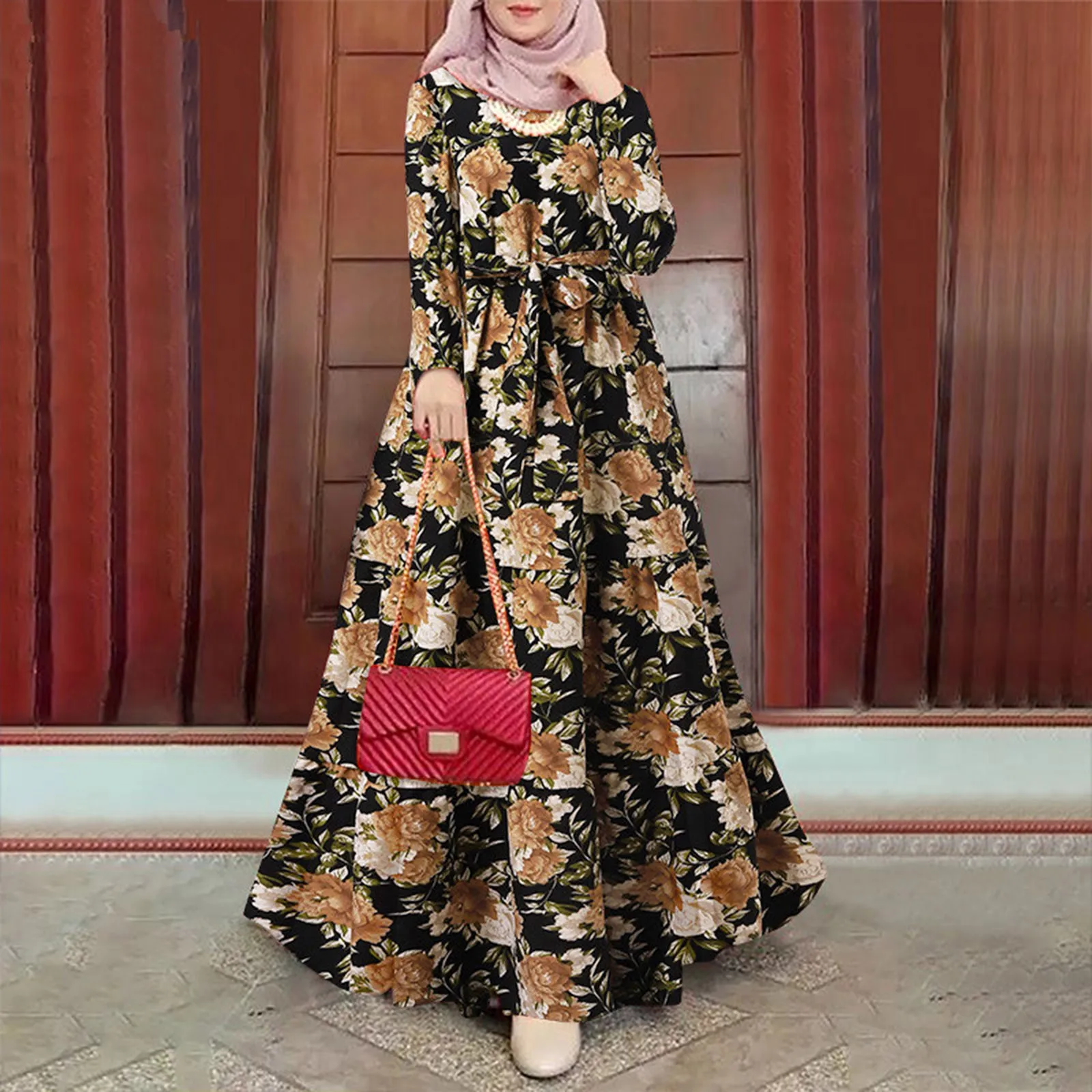 Women Bohemian Printed Maxi Muslim Abaya Dress Vintage Long Sleeve Floral Sundress Casual Dubai Turkey Hijab Dress Robes Clothes