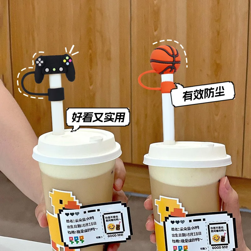 Sports Ball Silicone Straw Covers, 4 Styles Reusable Dust-Proof Toppers for 10mm Straws, Fits Tumblers, Cups & Daily Use