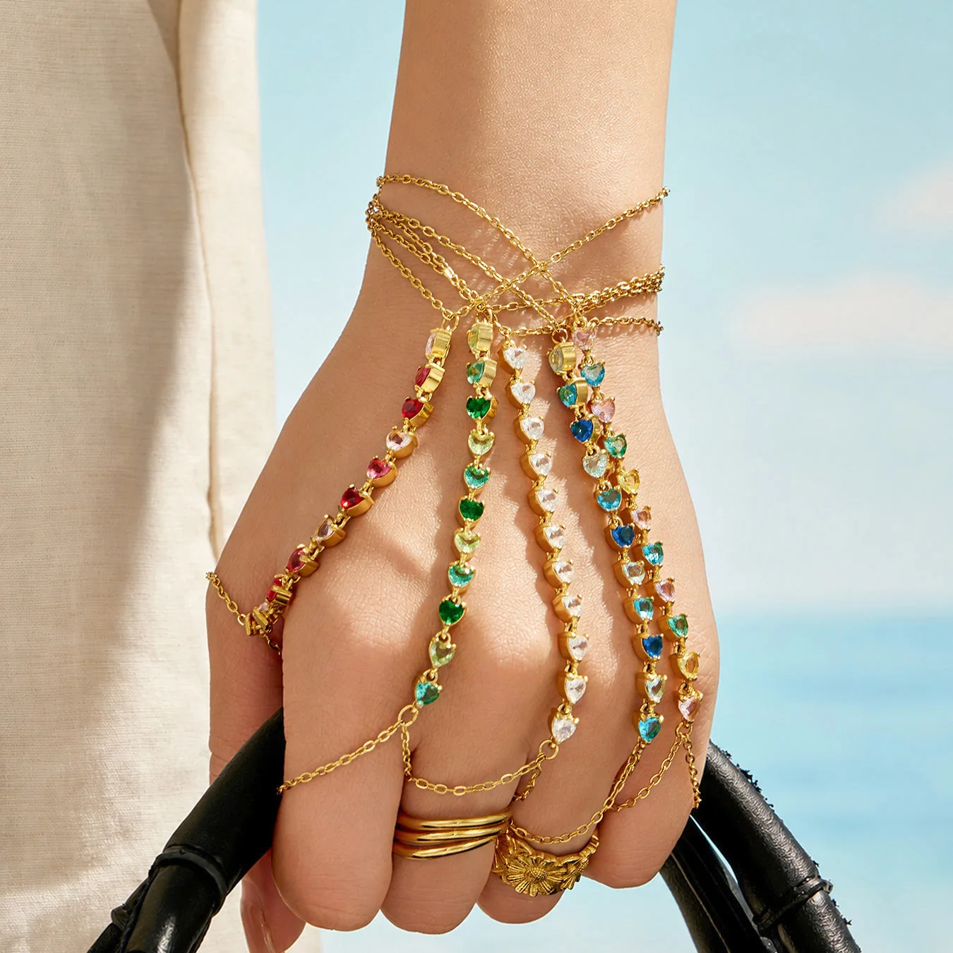 Bunte Zirkon-Handketten-Armbänder für Frauen Edelstahl-Handketten-Armband 18k Vergoldete Armbänder Luxus-Schmuckgeschenk – Detail 5
