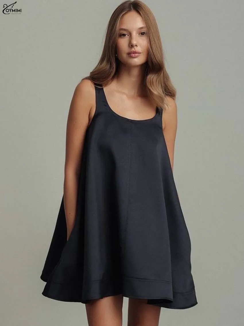 

Oymimi Fashion Black O-Neck Dresses For Women Elegant Sleeveless Solid Loose Dresses Summer New A-Line Mini Dress Streetwear