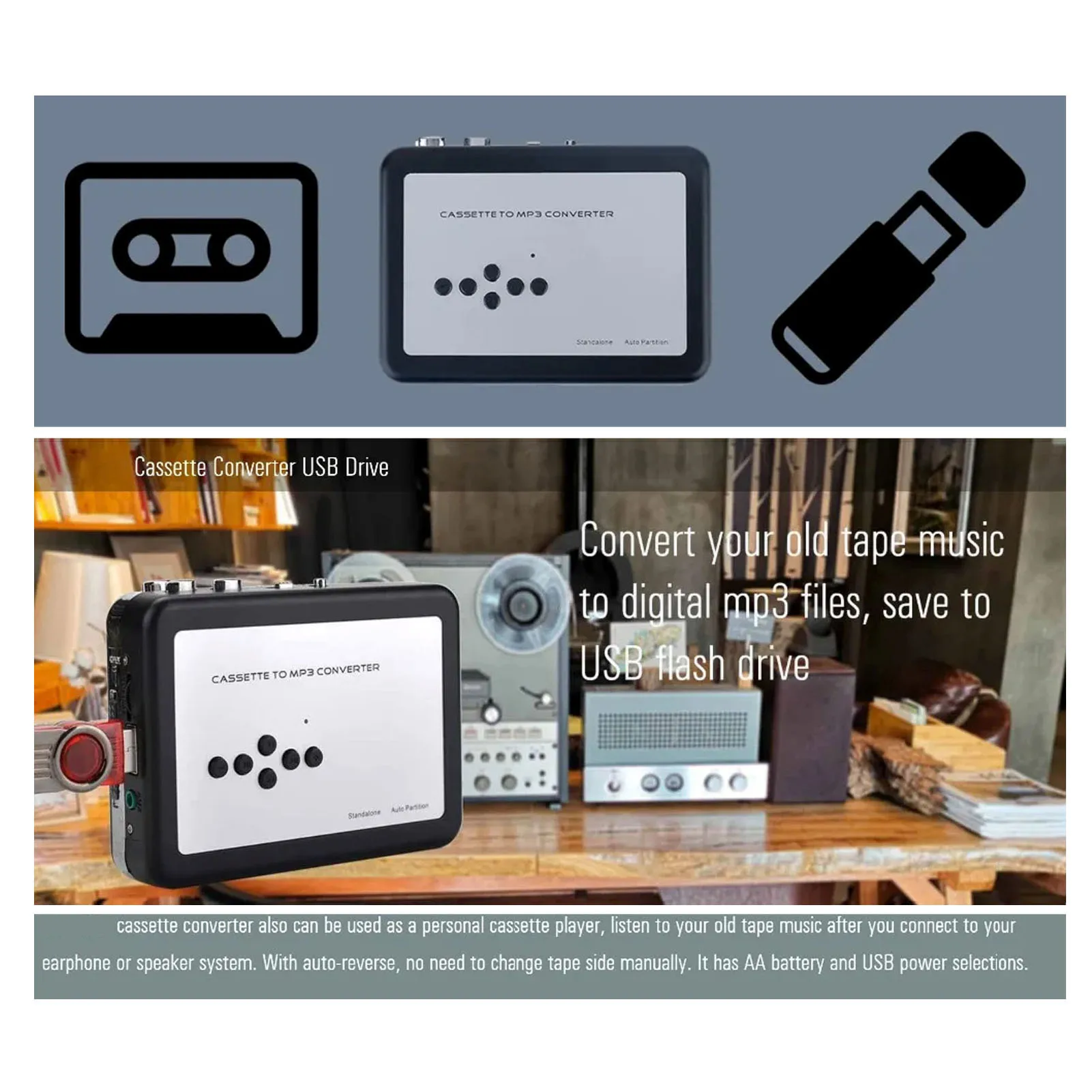 Tragbarer Kassettenspieler, USB-Kassette zu MP3-Konverter mit Kopfhörer, HiFi-Stereo-Sound, USB-Kassette zu MP3-Konverter