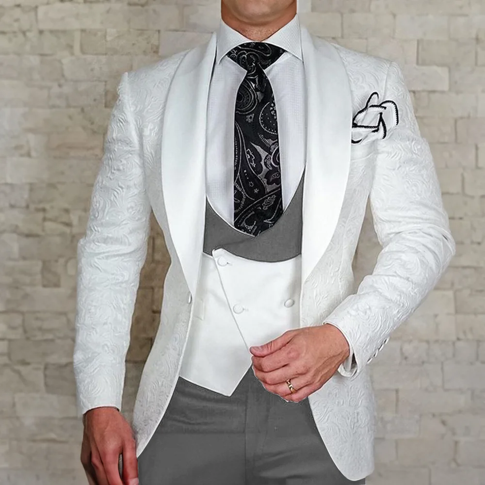 4 Piece Set Men\'s Jacquard Suit Wedding Groom Tuxedo Jacket Pants Vest Formal Party Dress White Floral Blazer