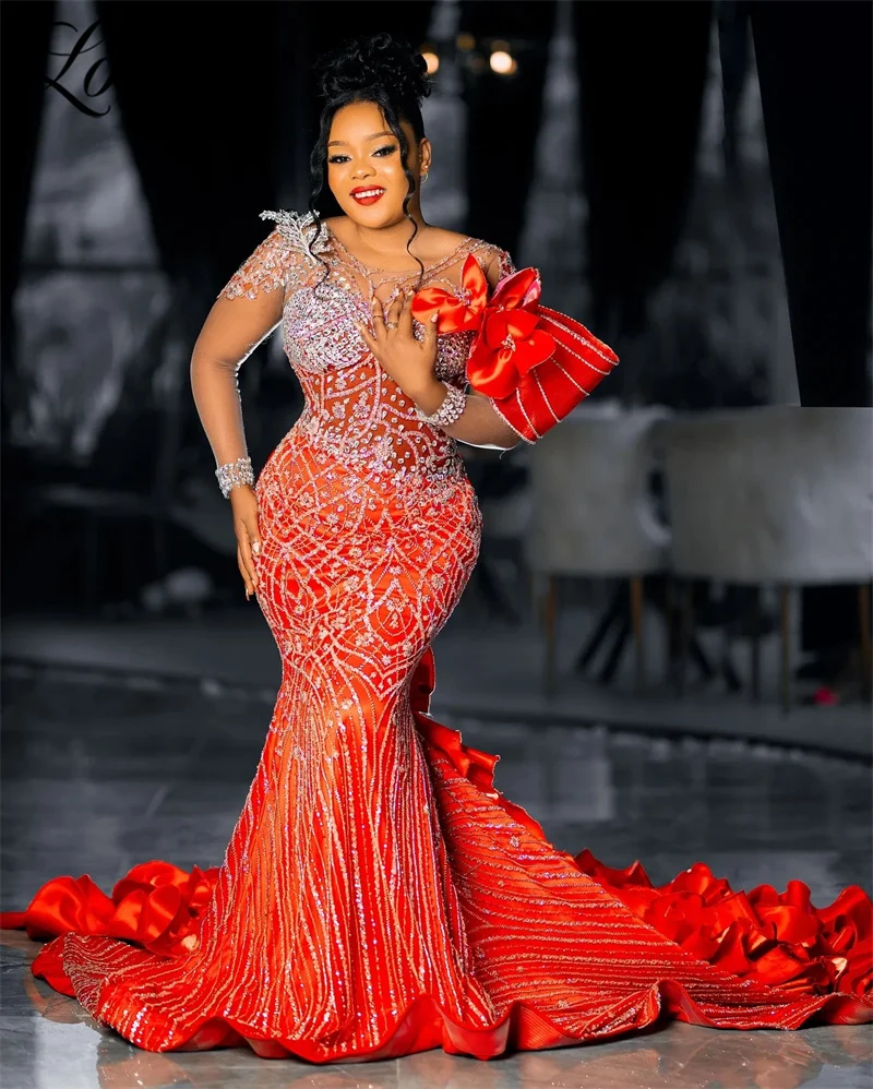 Plus Size Red Mermaid Prom Dresses Beaded Crystals Sequined Evening Party Second Reception Birthday Engagement Celebrity Dresses