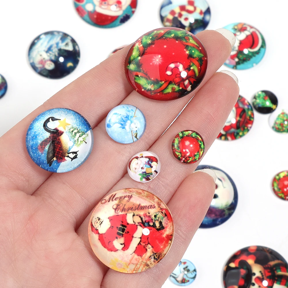 

10 шт./лот, круглые стеклянные кабошоны, кабошоны с рождественским узором для изготовления ювелирных изделий, ожерелье, кулон, кольца, рождественские подарки