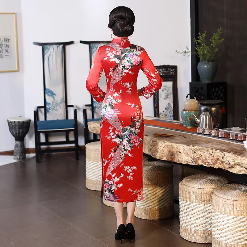 Over Size 4Xl 5Xl 6Xl Qipao Vintage Chinese Style Dress Sexy Print Peacock Cheongsams Women Silk Satin Qipao Split Long Vestidos