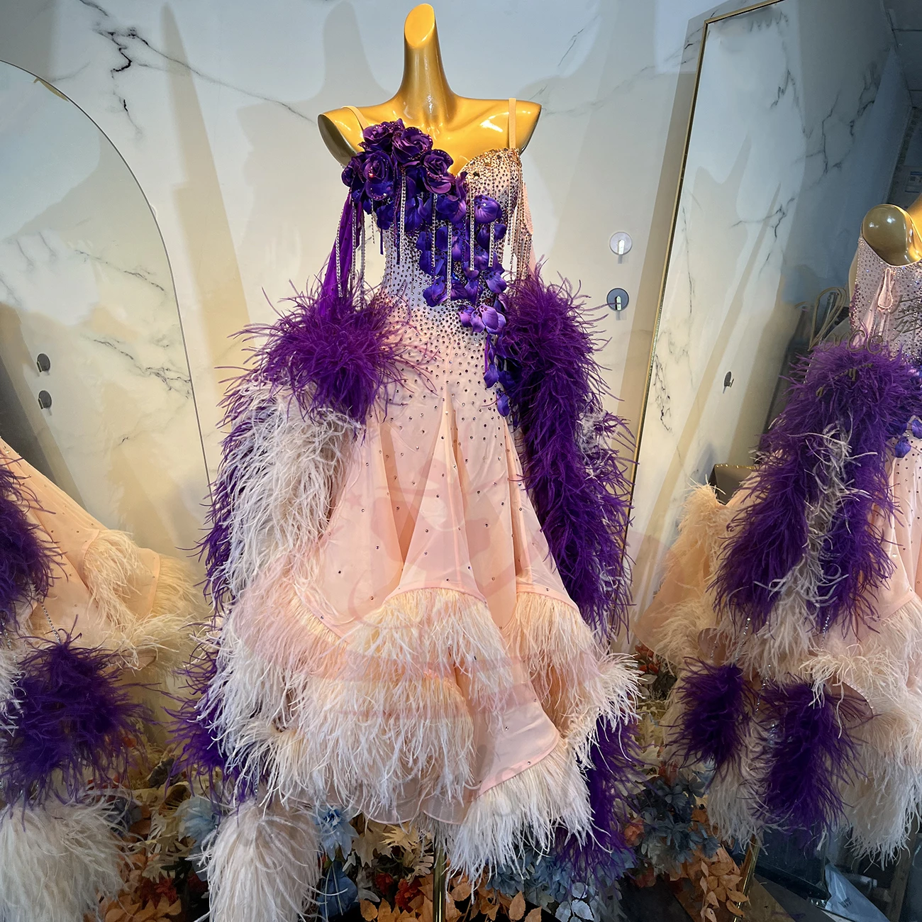 Latin Dance Costume AB Stone Female Adult Children High end Customized Two tone Fluffy Skirt Samba Performance Dress