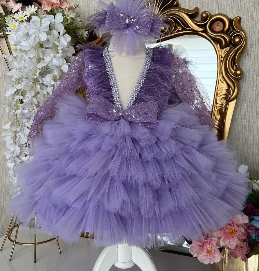 Fancy Baby Girl Birthday Gown V Neck Long Sleeve Pearls Purple Baby Holiday Dress Toddler Birthday Party Dress Photoshoot