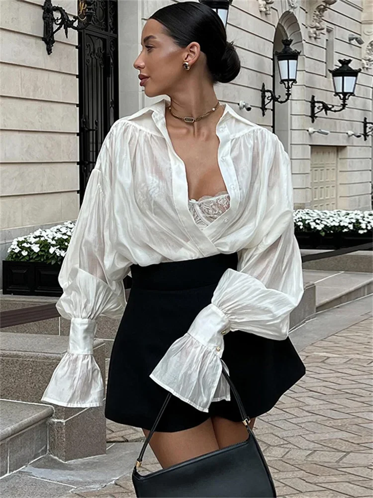 Autumn See-Through Casual Shirts Top For Women Loose Slim Long Sleeve Lapel Cardigan Streetwear Women\'s Pleated Shirts Top