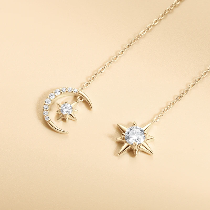 Anziw Moissanite Drop Earrings Asymmetry Star Moon Chain Ear Thread Threader 925 Sterling Silver for Women Jewelry Gift 12.5cm