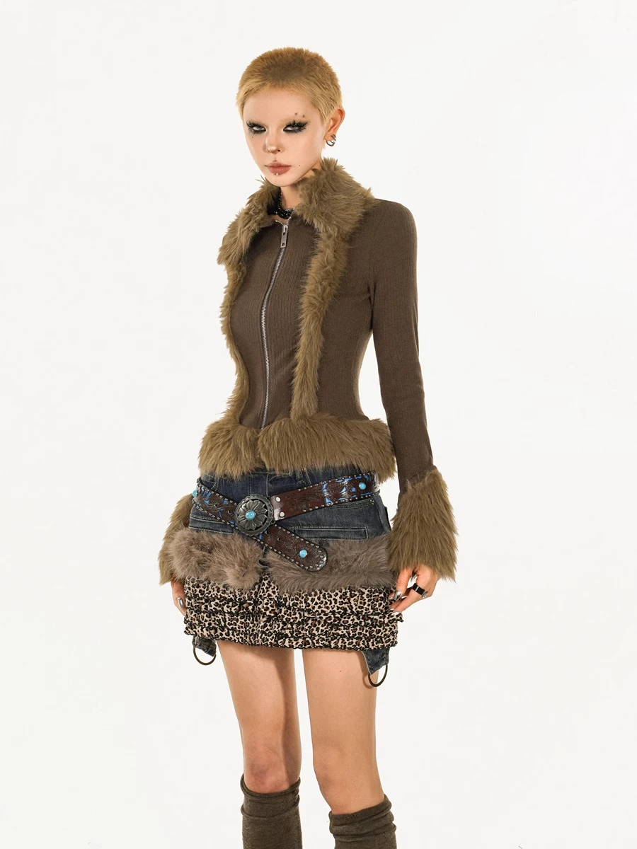 Outono inverno feminino pele do falso retalhos leopardo impressão y2k denim mini saia harajuku japonês grunge 2000s cyber punk e-girl maré