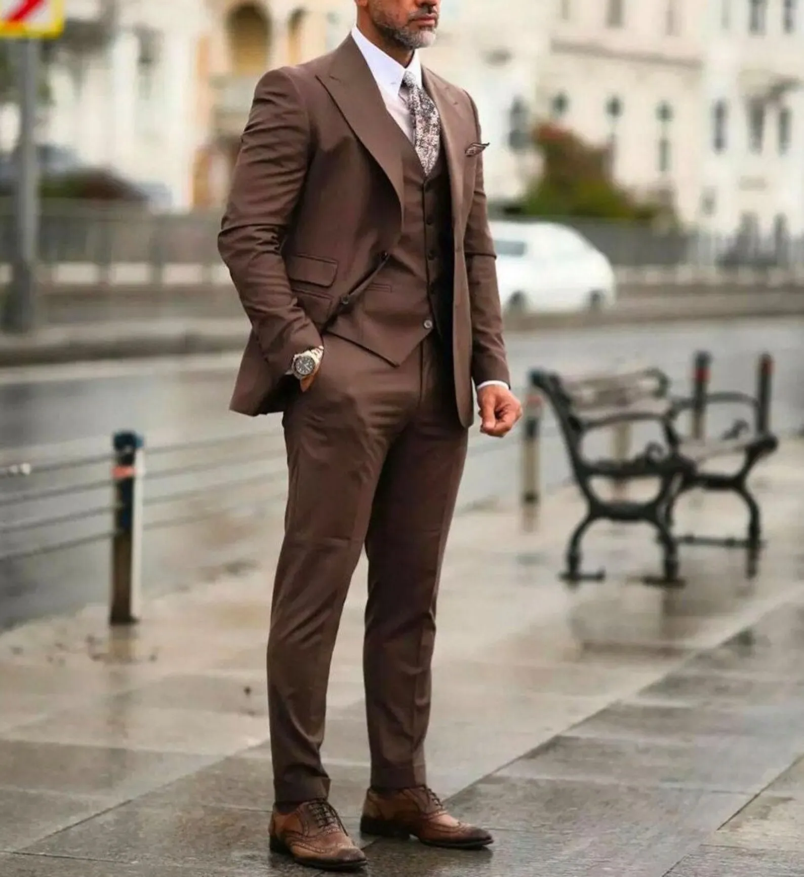 Classic Brown Suits For Men Wedding Business Formal Tuxedo 2023 Vintage Peak Lapel Custom 3 Pcs Jacket+Pants+Vest Costume Homme