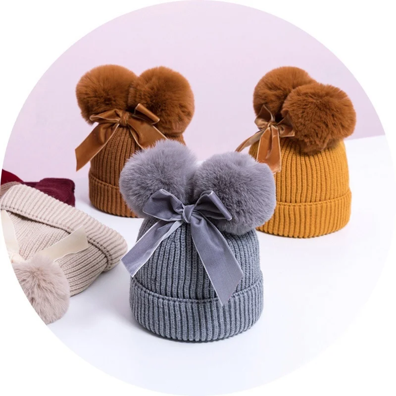 Cute Bow Baby Hat Winter Thicken Warm Knitted Caps With Double Pompom Infant Boys Girl Beanie Cap High Quality Girls Bonnet