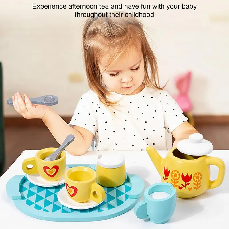 Tea Set For Kids Fake Play Food Tea Time Toys Kitchen Toys With Cups & Spoons Educational Toys Wooden Play Tea Set For Preschool