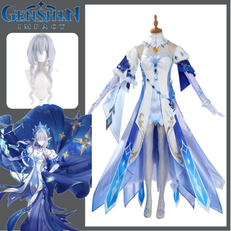 SSR GenshinImpact Disfraz de Cosplay de la Tsaritsa Cryo Archon Anastasya, Conjunto de Ropa de la Reina Snezhnaya, Peluca, Orejas de Elfo, Corona para Comic Con