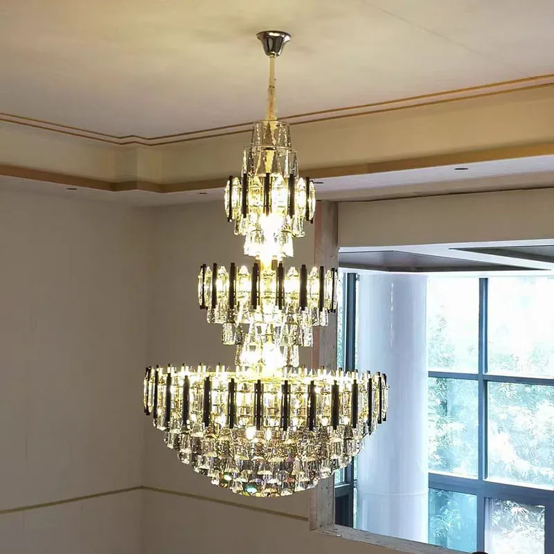 

Postmodern Staircase Crystal Chandelier Three Layer Modern Living Room Villa Duplex Building Stairs Atmospheric Long Big Lamps