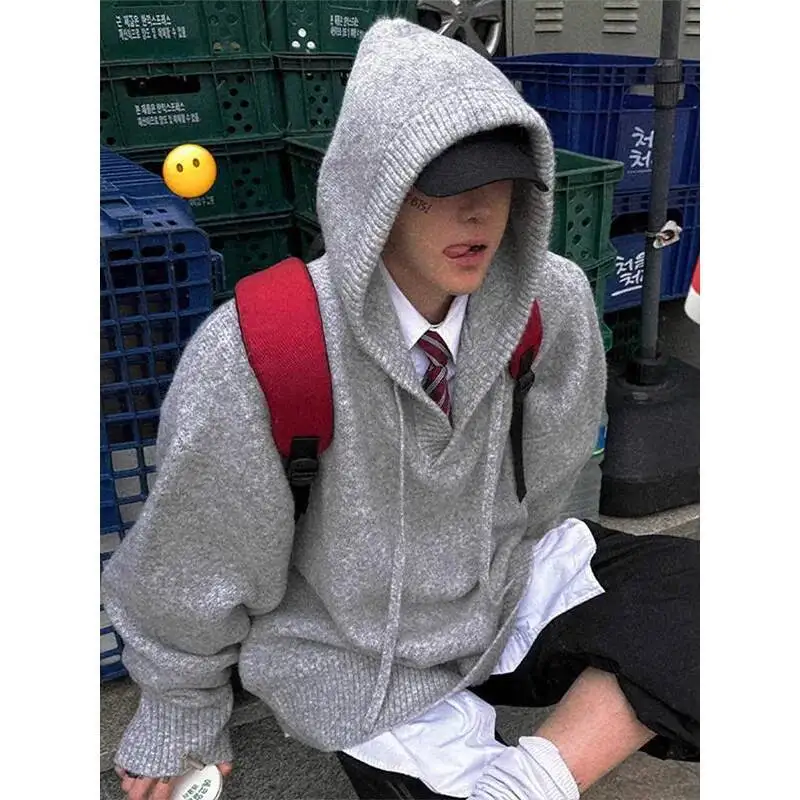 Unisex Hoodies Men's Grey Hooded Knit Sweater Women Autumn Winter Korean Vibe Retro Cleanfit Woolen Jacket Coat