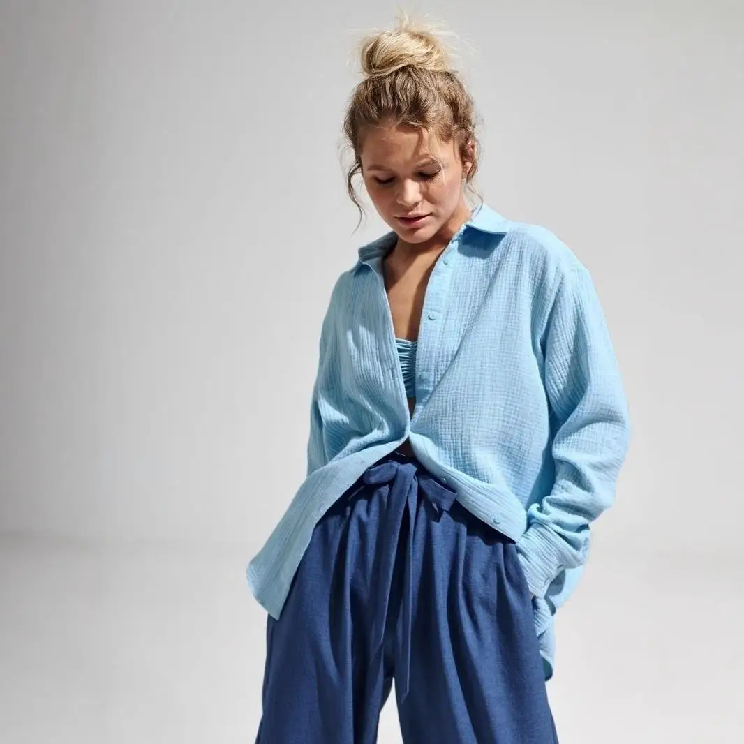 

Double Layer Zou Cloth Spring irt Long Sve Mid-Length Lazy Sle Women's Faion Casual Pure Color Easy Care irt