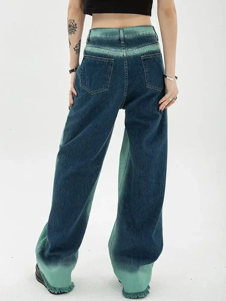 Jeans Gradient High Waist Vintage Womens Straight Baggy Pants Chic Design Streetwear Color Hip Hop Y2K Denim Wide Leg Trouser