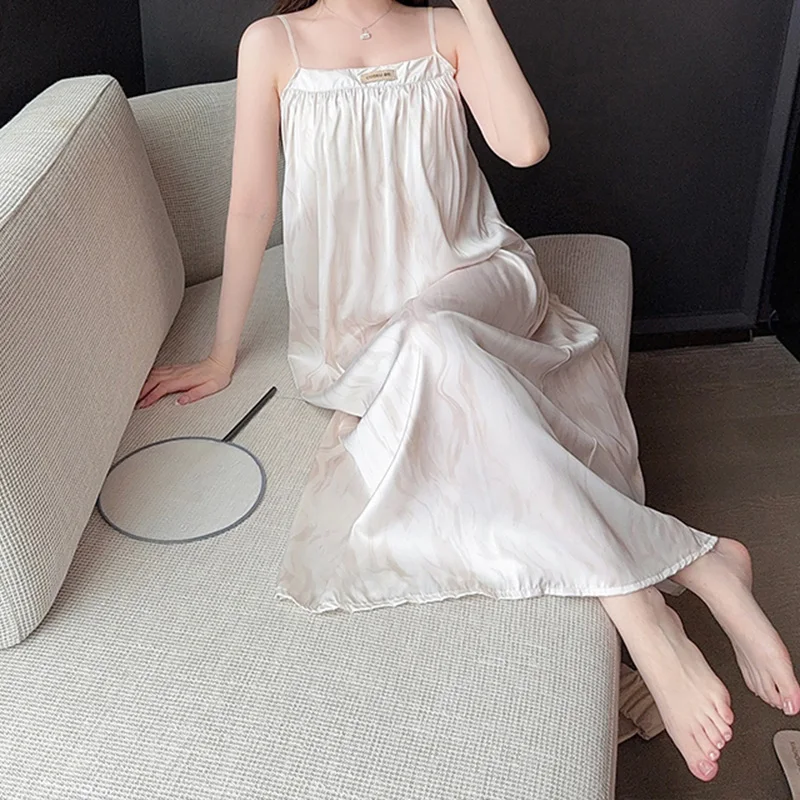 تنورة نوم على الطراز الفرنسي للنساء، سترة أنيقة، فستان طويل، بدون أكمام، حزام معلق، ملابس منزلية مريحة