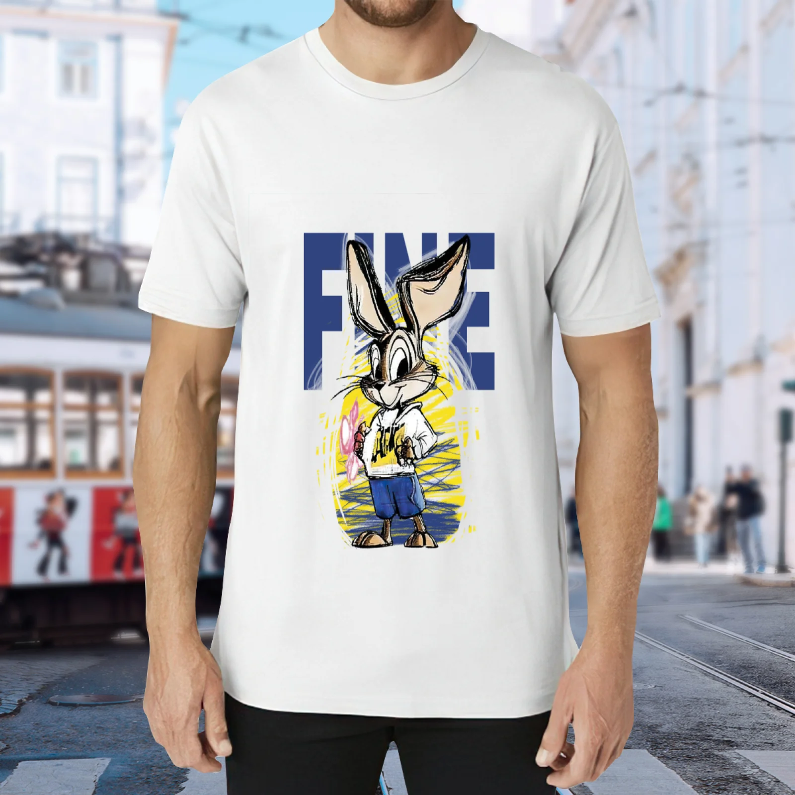 Retro Cartoon Rabbit Graphic T-Shirt, Funny Streetwear Tee with Blue 