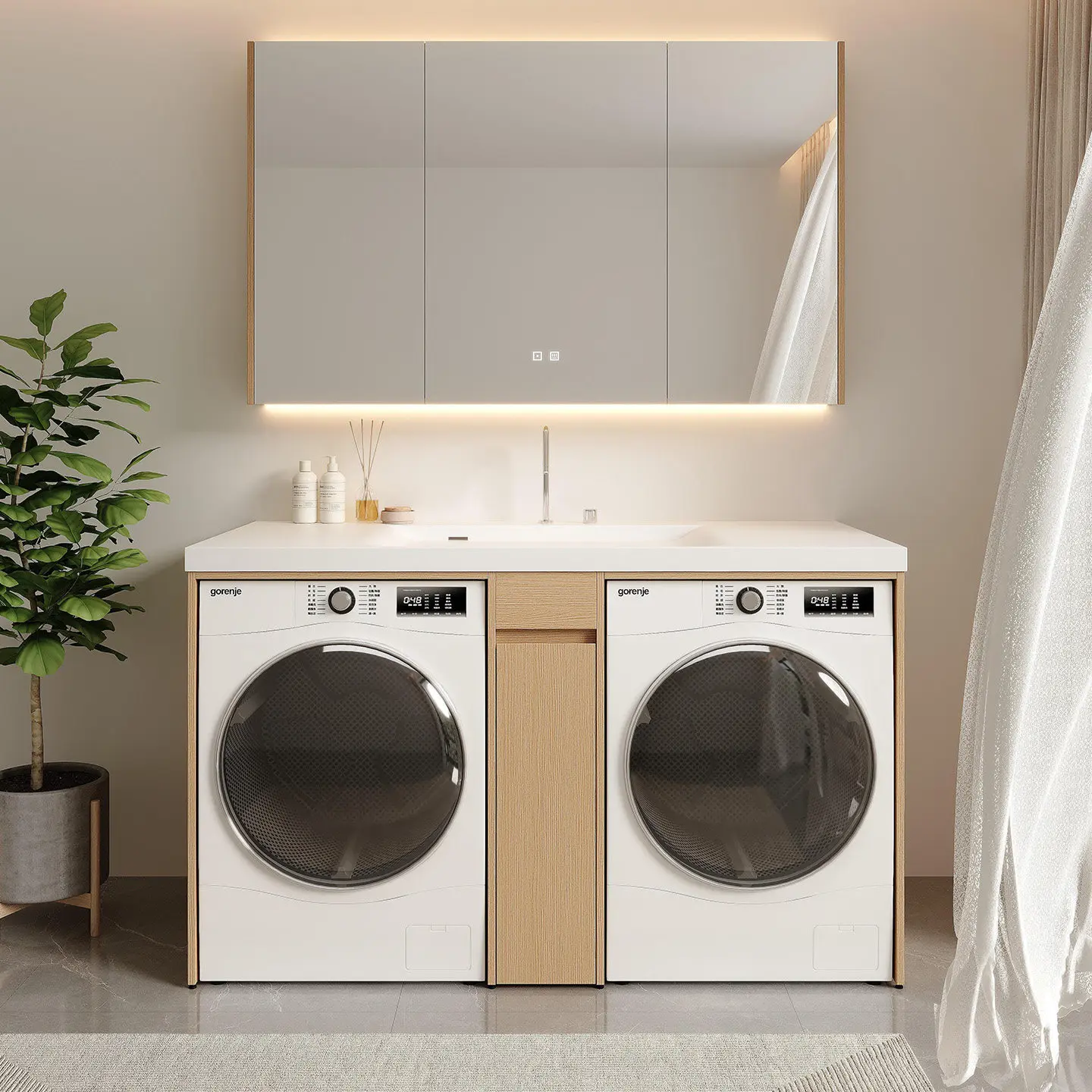 

Integrated basin, bathroom cabinet, washing machine cabinet, log wind floor-to-ceiling wash basin