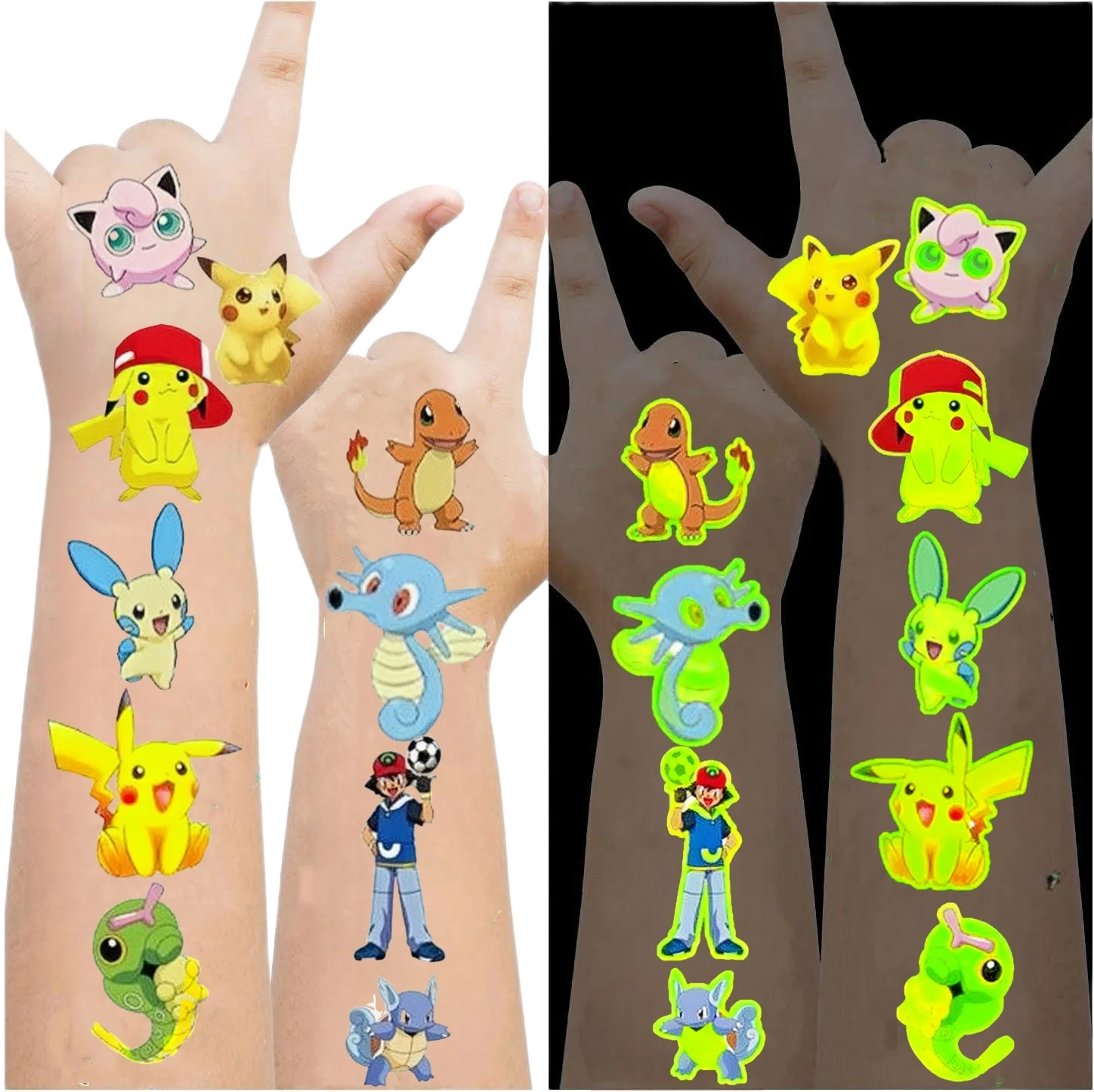 2/1pcs Luminous Pokemon Tattoo Sticker Birthday Decoration Child Body Arm Pikachu Sticker Baby Shower Kids Gift Party Supplies