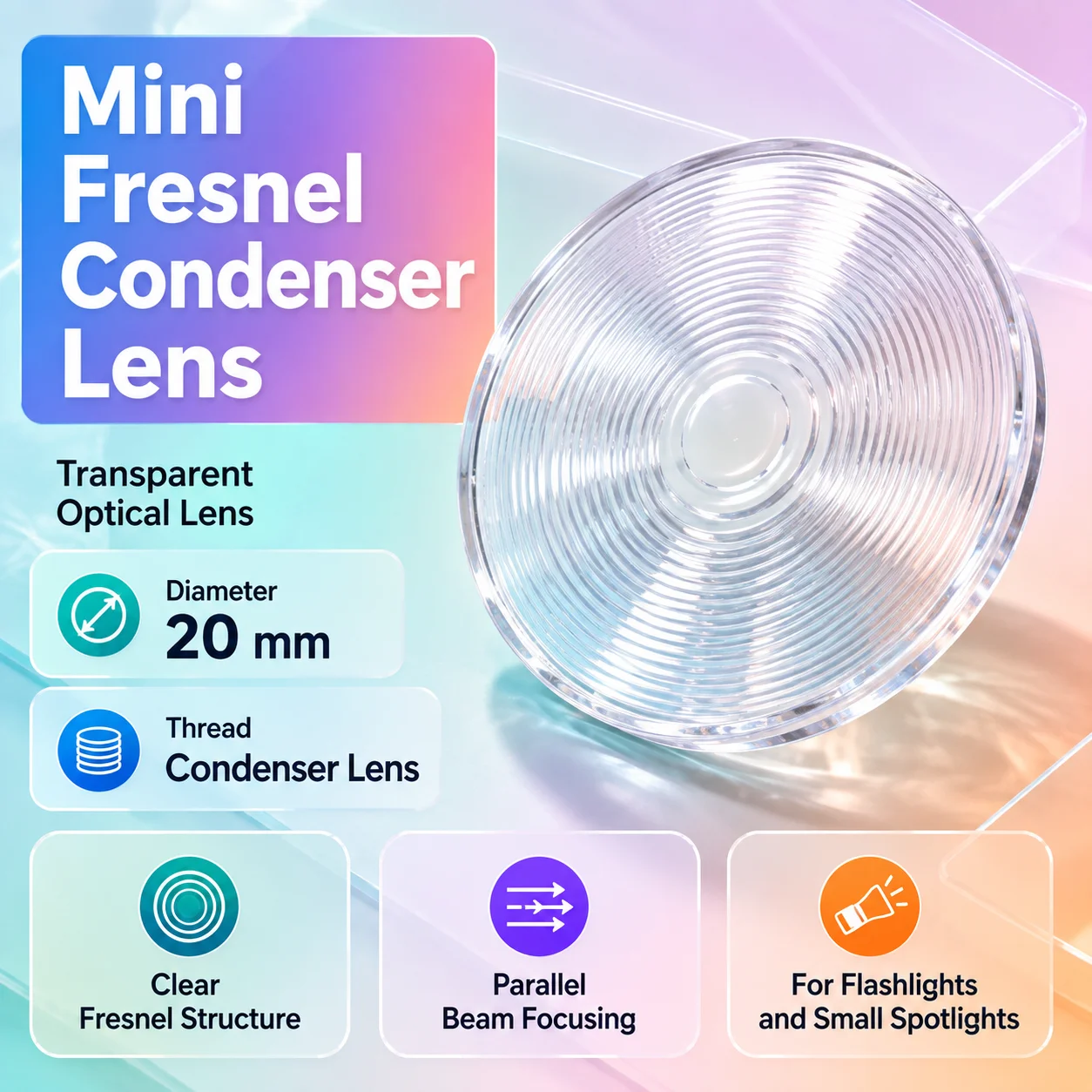 20mm Diameter Mini Fresnel Condenser Lens for Flashlights Parallel Beam Focusing and Small Optical Spotlight Applications