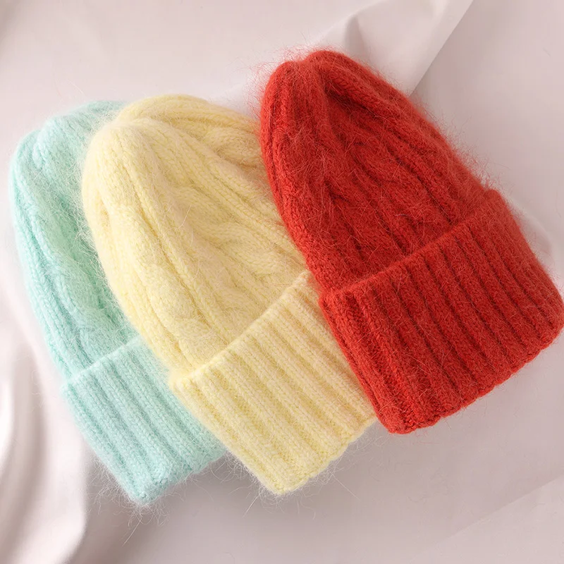 2022 Fabbit Fur Soft Beanies Warm Fluffy Winter Hat for Women Angora Knitted Hat Skullies Beanies Bonnet Woman