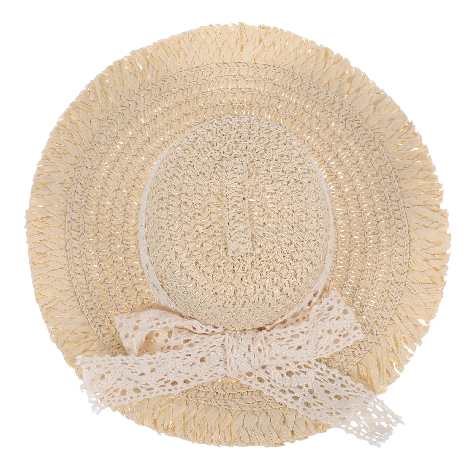 Topi Jerami Miniatur dengan Pita Renda Beige, Dekorasi Menawan untuk Kerajinan, Pajangan Rumah Boneka, Aksesori Lucu, Topi Jerami Alami Anyaman