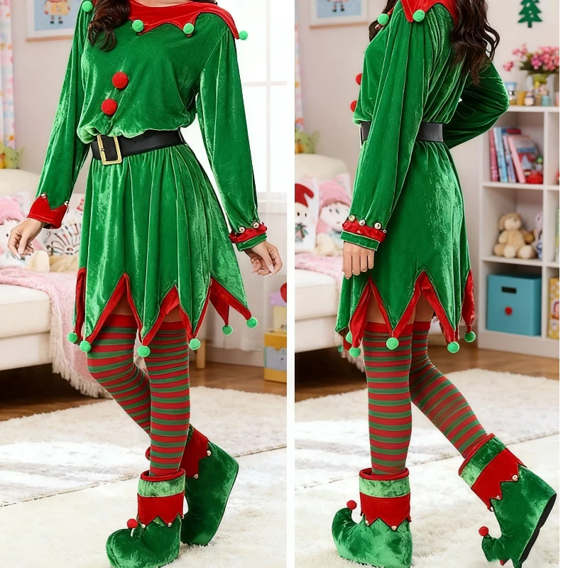 Disfraz de Papá Noel de Navidad para mujer, vestido de Cosplay de elfo verde, sombrero con cinturón para niños y adultos, traje con orejas de elfo, trajes de fiesta de Navidad de Año Nuevo