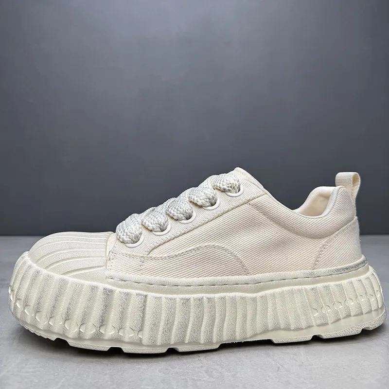 Retro Canvas Shoes Men's Black Thick Soled Vulcanized Shoes Comfortable Breathable Casual Sneakers Height Increasing Board Shoes