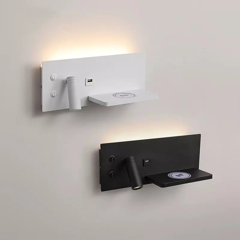 Wireless Charging Wall Lamp with USB Switch Led Reading Wall Lights with Shelf for Bedroom Study Living Room Rotatable Spotlight