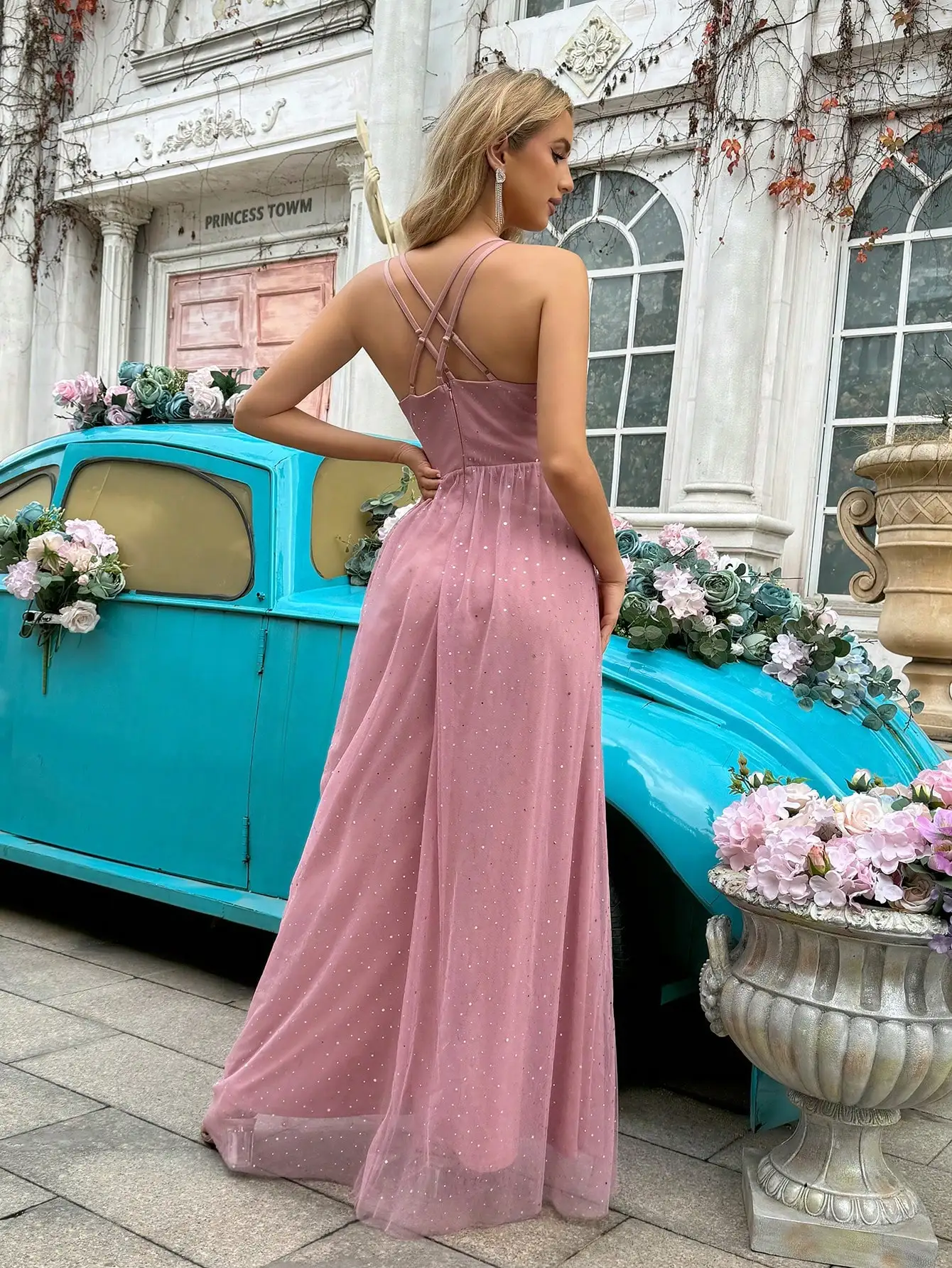 Glitter Tulle Ruffled Chiffon Prom Dress Long Ball Gown Spaghetti Straps High Slit Cocktail party Bridesmaid Dresses