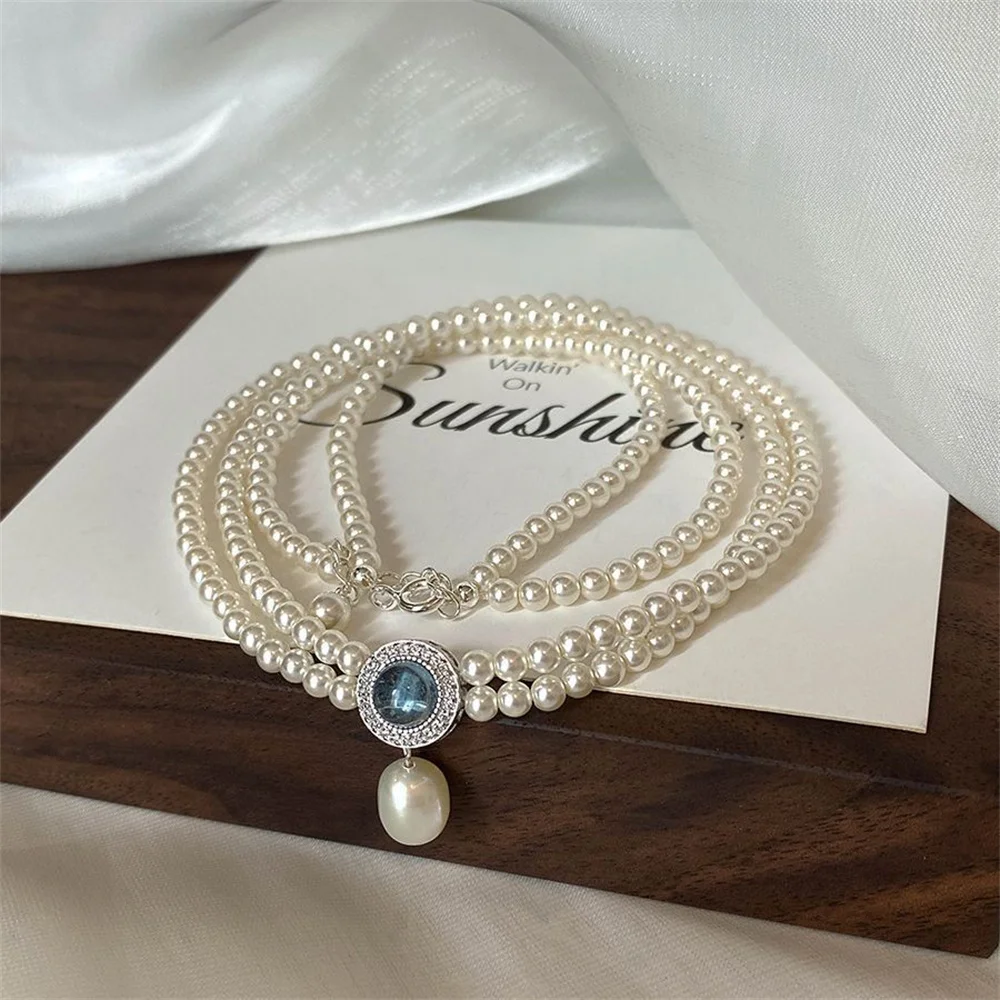 

French Vintage Pearl Necklace Women Elegant Temperament Double Layer Choker Premium Blue Zirconia Necklace Banquet Accessories