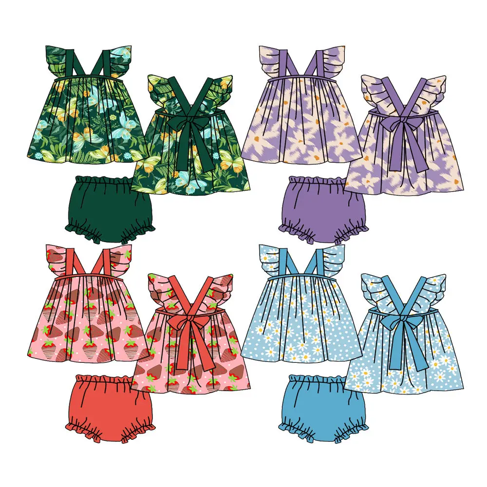Strawberry and Floral Design Girls Summer Ruffled Cuffs Back Bow Top Baby Pants Boutique Set
