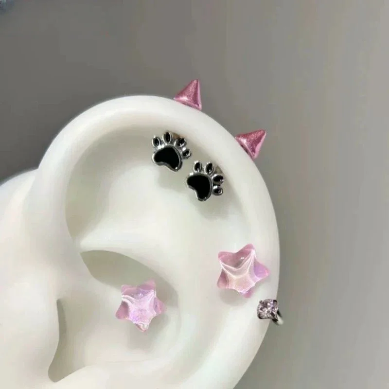لطيف القط باو الشيطان مربط ثقب القرط للنساء الرجال القوطية الأذن العظام مسمار القرط Y2K مجوهرات اكسسوارات #3