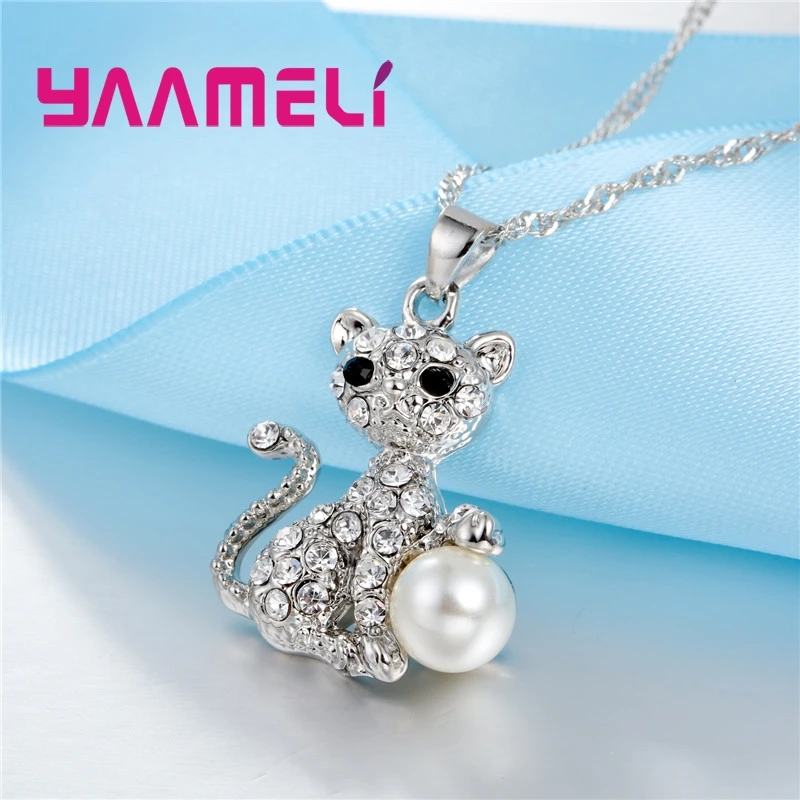 Fine Luxury CZ Stone Cat Design Pendant Necklace Earrings Party Gifts 925 Sterling Silver Austrian Crystal Jewelry Sets