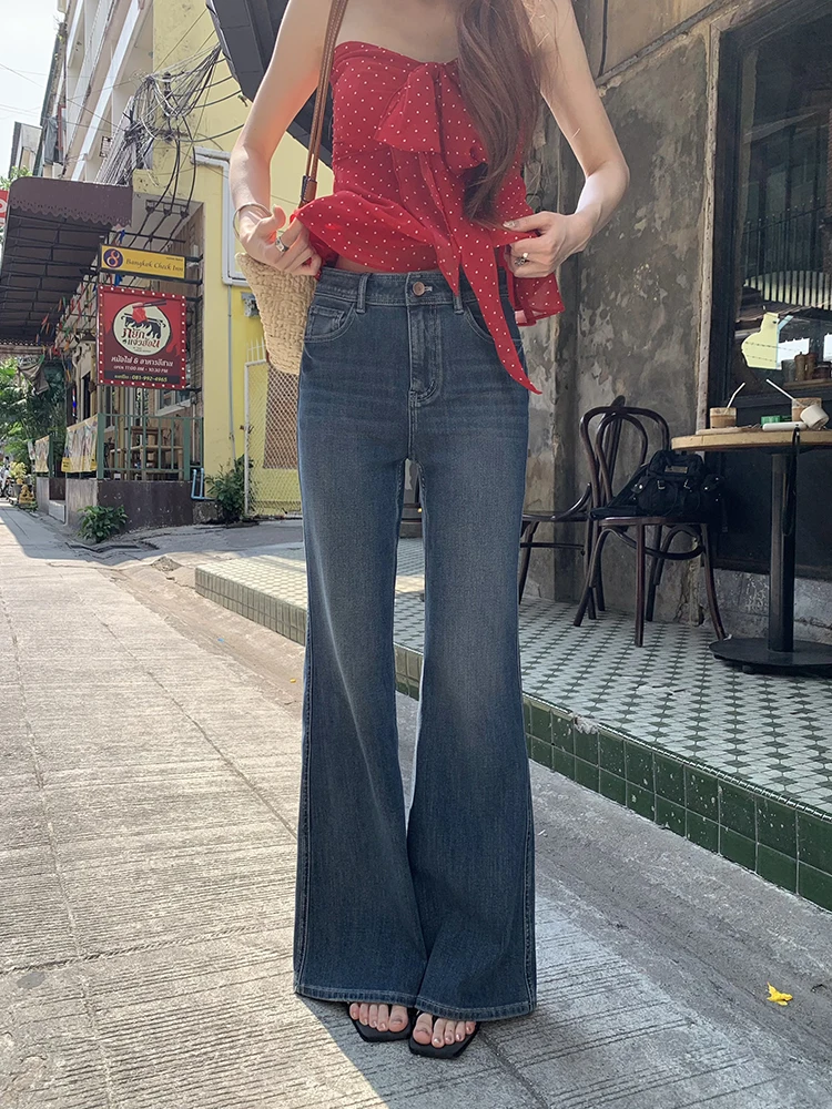 

High Waist Flared Jeans Women's Summer Thin Elastic Casual Long Pants Cotton Blue Retro Style Comfortable Slimming Effect