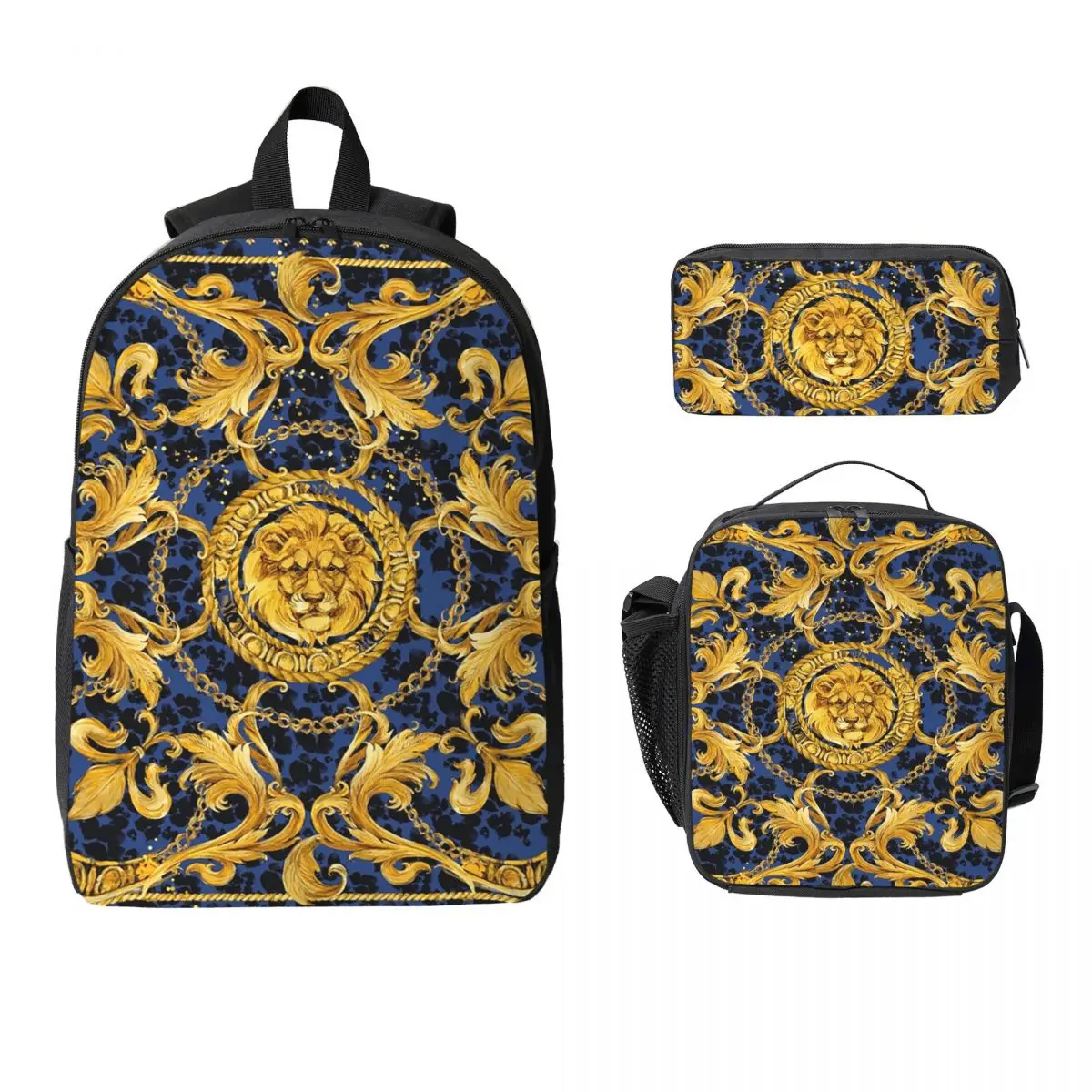 Zaino con ornamento barocco e damascato leone dorato Studente Ragazzi Ragazze BookBag Borsa da scuola Borsa da pranzo isolata 3ps Astuccio