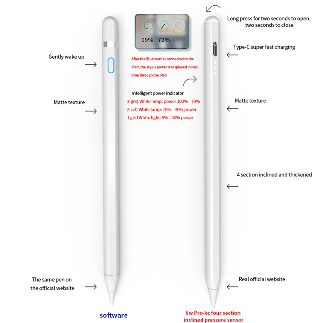 Dla Appl Pencil Origin Stylus Pen Dla iPada Długopisy Apple Pencil 2 1 Bateria Wyświetlacz Przypomnienie Odchylenie dłoni Odrzucanie Ładowanie USB typu C