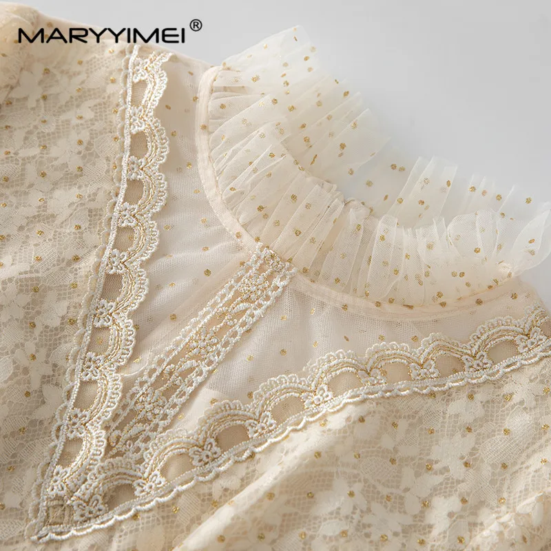 MARYYIMEI Spring Summer Women\'s Stand Collar Long-Sleeve Mesh Splicing Flounced Edge Fashion Lace Dresses