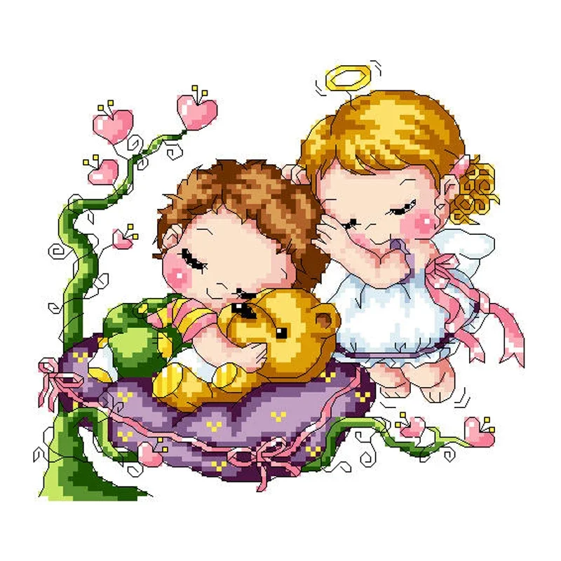 Amishop Gold Collection Lovely Counted Cross Stitch Kit Sleep With Bear Sleeping Boy And Girl Korean Cuties SO 307