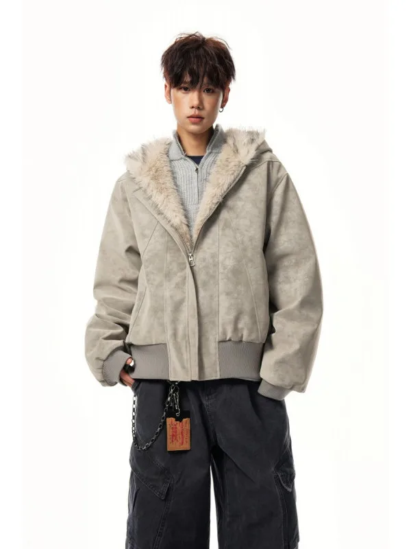 

American Sle Large Fur Collar PU Leather Jaet Men's Women's Hooded Loose Cotton Padded Coat Couple's Winter Clothes