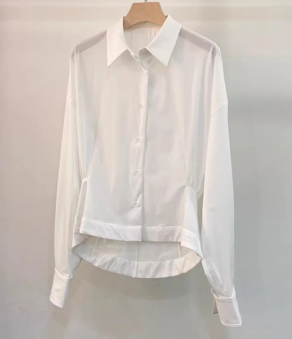 

2026 Spring Fashion White Shirts High Quality Women Turn-down Collar Pleated Back Long Sleeve Elegant Loose Shirts Blouse Female