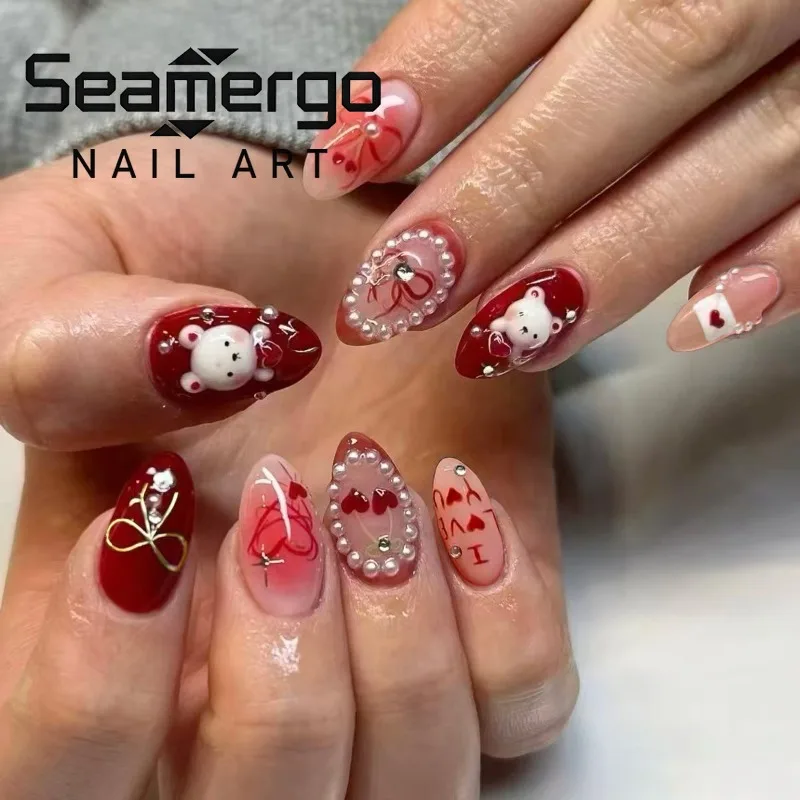 

24 шт. накладных ногтей с бантом, лентой, в горошек, с жемчужным декором, французским дизайном, плиссированным узором, в форме миндаля, новые, нежные, стильные, готовые к ношению