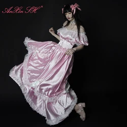 AnXin SH vintage pink satin ruffles white flower lace handmade boat neck short puff sleeve bow Antique customized wedding dress