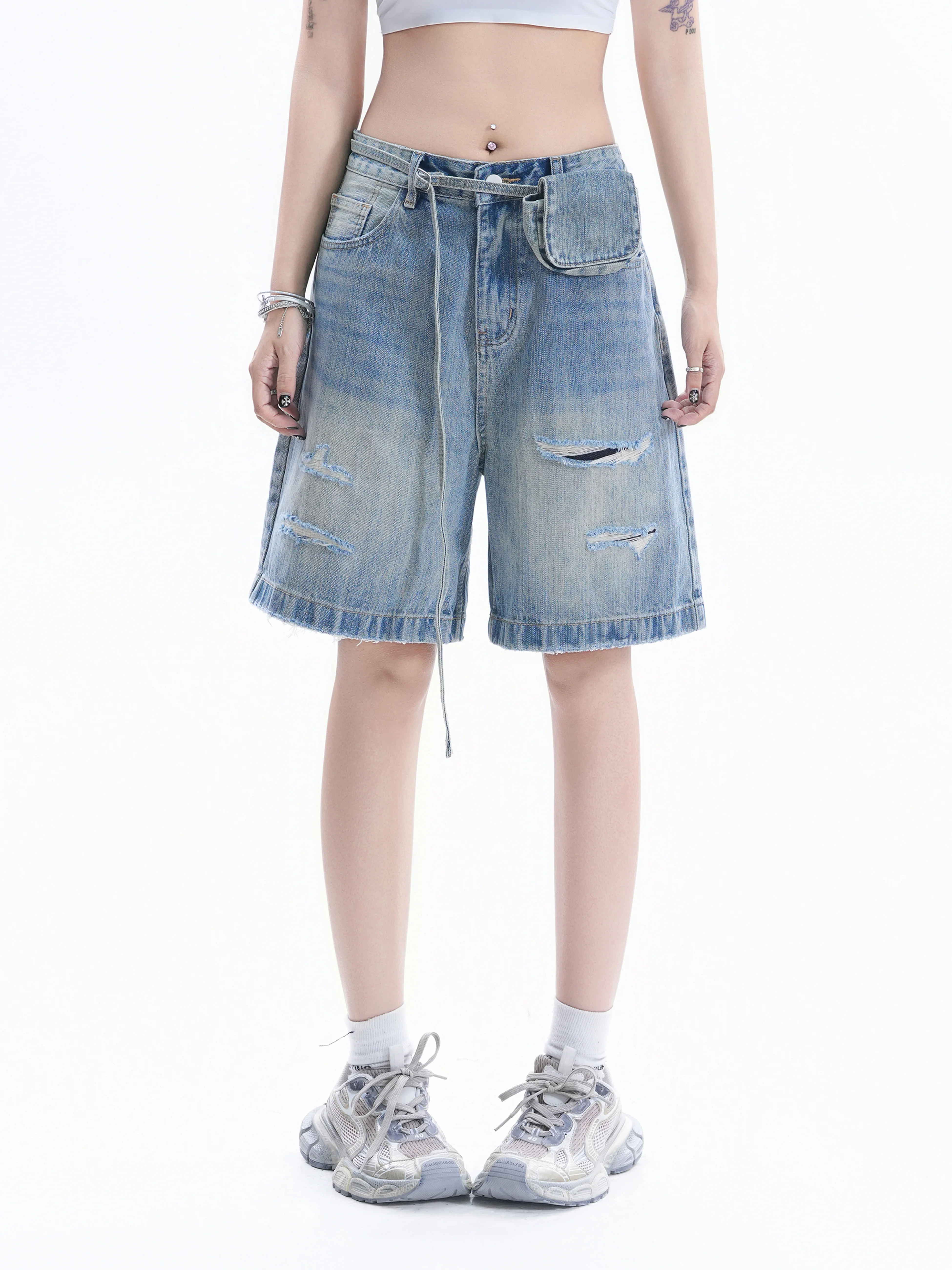 Street Style Ripped Denim Shorts Women's Waist Bag Design Loose Slimming Versatile American Five-Point Pants Cotton Summer La...