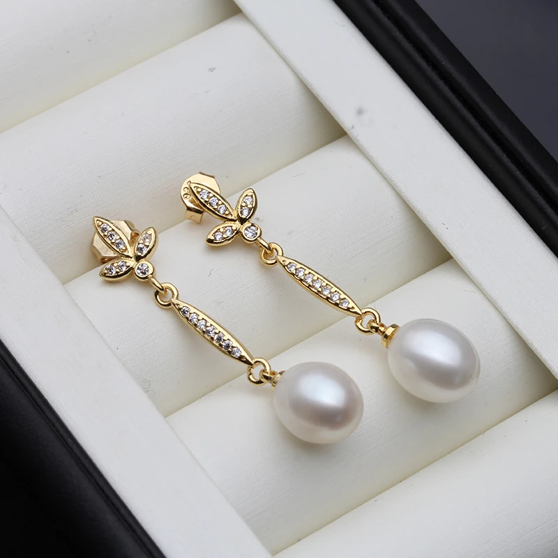 Genuine Freshwater Pearl Earring for Women,18k Gold Plated Pearl Drop Earrings Jewelry Wife Mother in Law Birthday Gift White