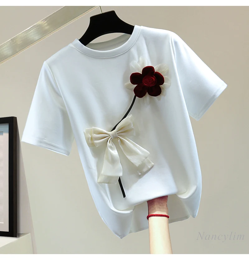 Women's Exquisite Flowers Straight Short-Sleeved T-shirt 2024 Spring and Summer Korean Style Slimming Bow Crew Neck Stretch Top