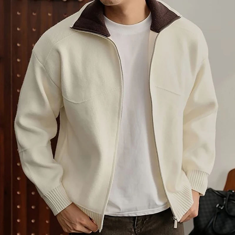 

Autumn Winter Sweater Knitwear Men's Turn-Down Collar Color Block Zipper Cardigan New Vintage Casual Knit Cardigans Sweater Male